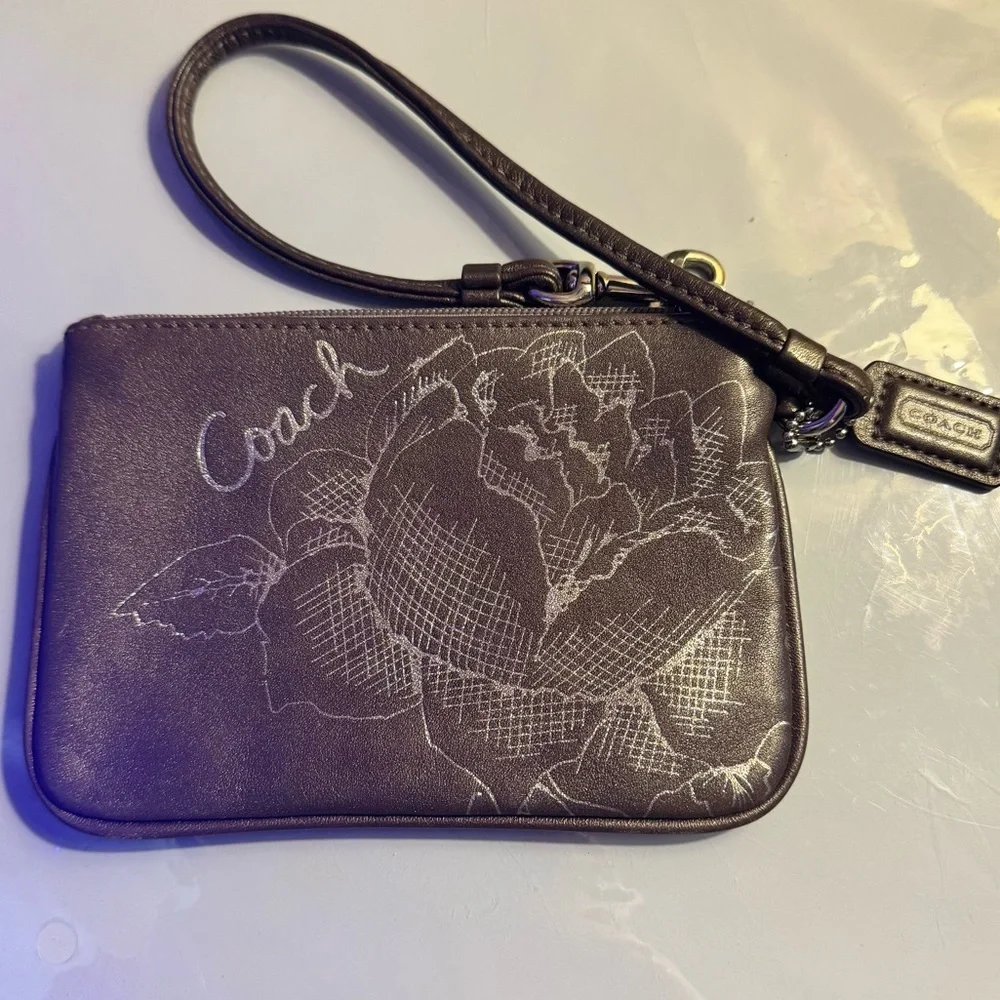 Coach Hematite Grey Floral script Wristlet Pouch RARE - EUC serial #43785